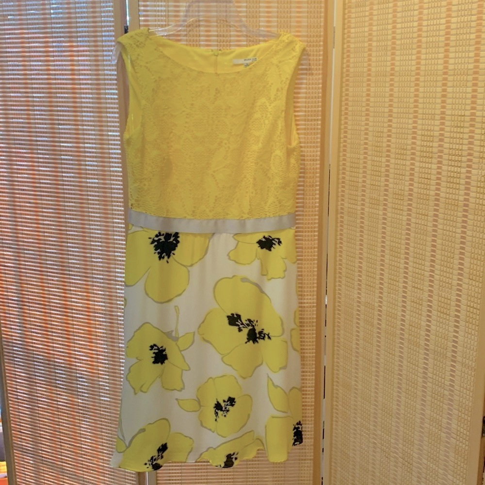 Yummy yellow, size 12 black and cream floral print summer dress by Studio 1.